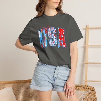USA Flag Patchwork T-Shirt — Patriotic 4th of July Tee - Comfort Colors