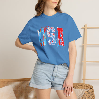 USA Flag Patchwork T-Shirt — Patriotic 4th of July Tee - Comfort Colors