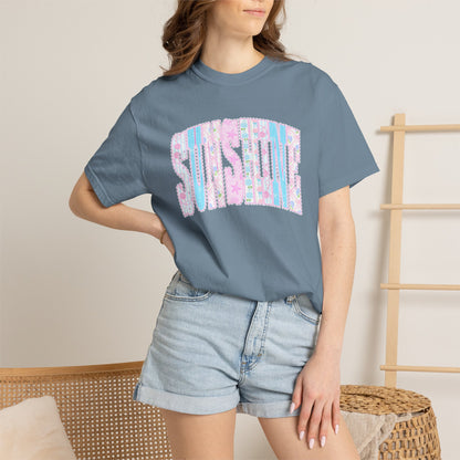 Sunshine Retro Logo T‑Shirt — Pastel Floral Surf Vibes