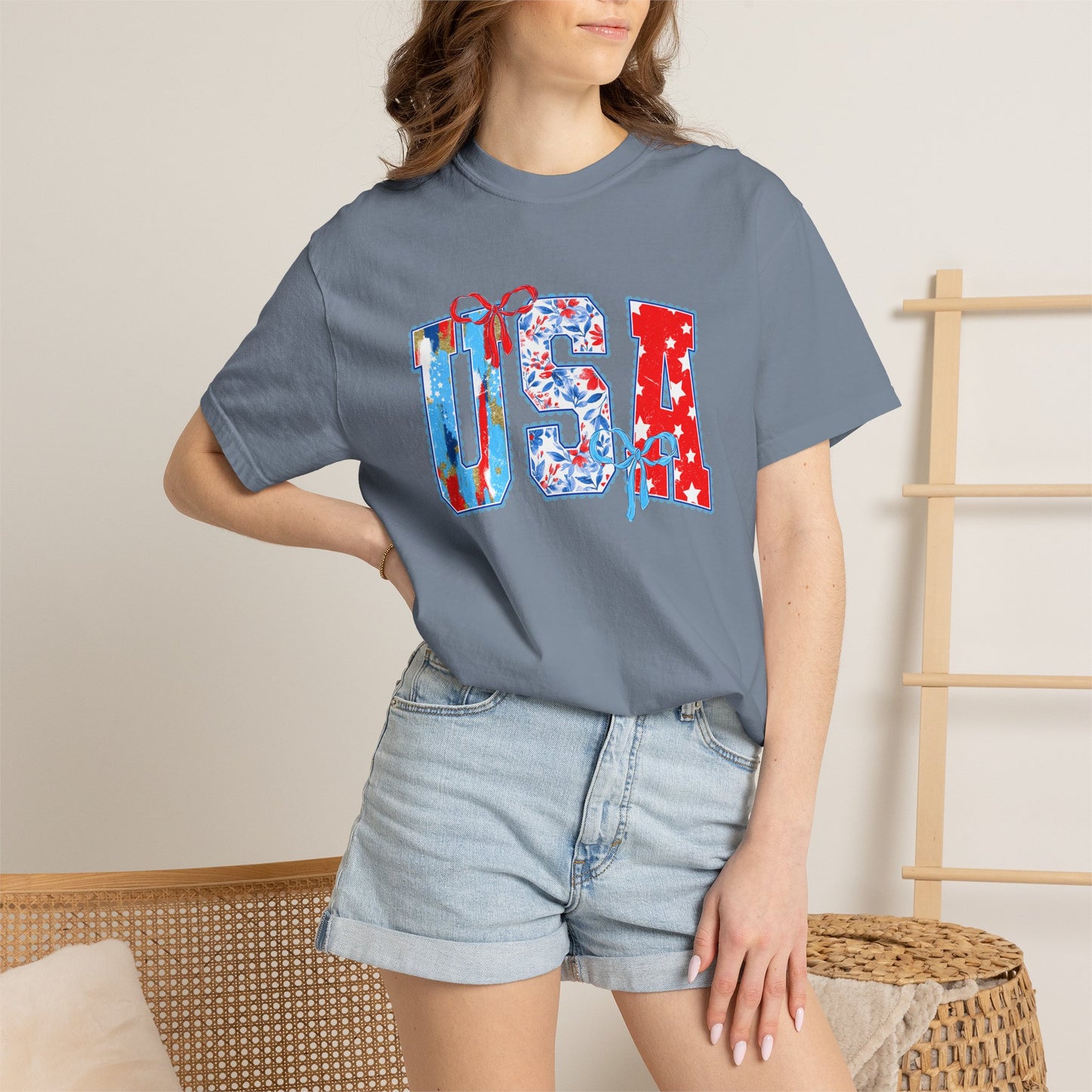 USA Flag Patchwork T-Shirt — Patriotic 4th of July Tee - Comfort Colors