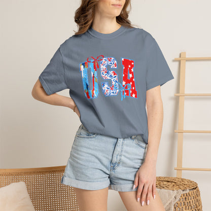 USA Flag Patchwork T-Shirt — Patriotic 4th of July Tee - Comfort Colors