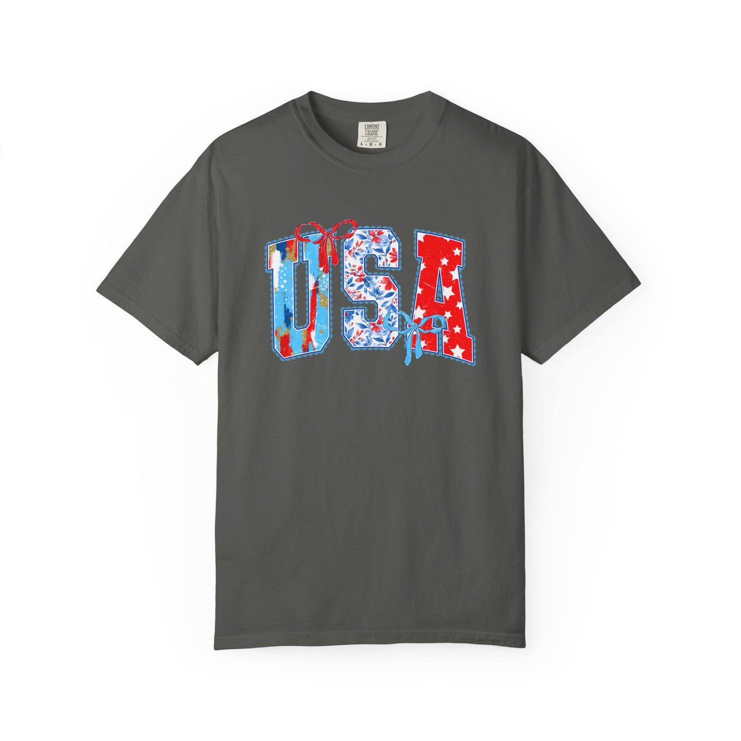 USA Flag Patchwork T-Shirt — Patriotic 4th of July Tee - Comfort Colors