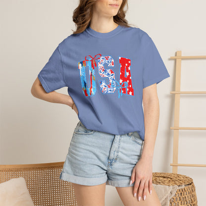 USA Flag Patchwork T-Shirt — Patriotic 4th of July Tee - Comfort Colors