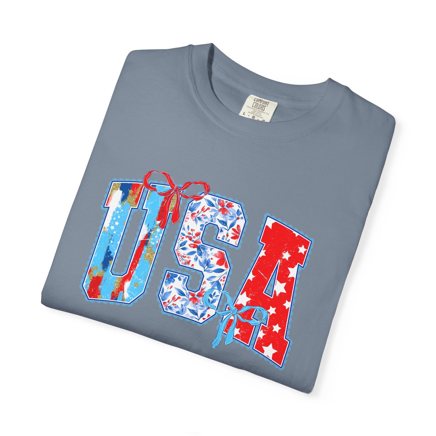 USA Flag Patchwork T-Shirt — Patriotic 4th of July Tee - Comfort Colors