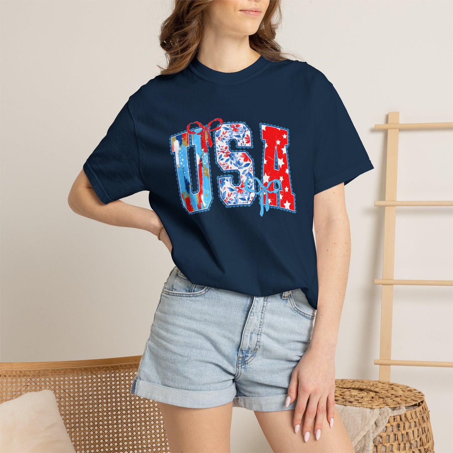 USA Flag Patchwork T-Shirt — Patriotic 4th of July Tee - Comfort Colors