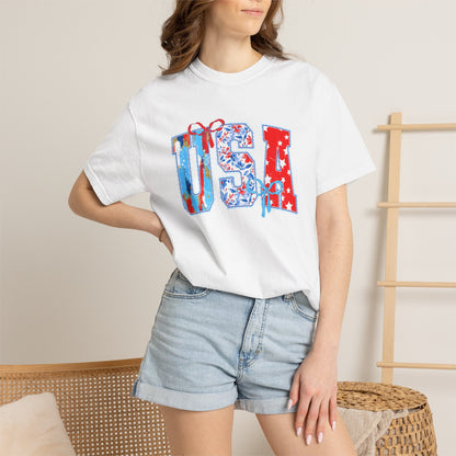USA Flag Patchwork T-Shirt — Patriotic 4th of July Tee - Comfort Colors