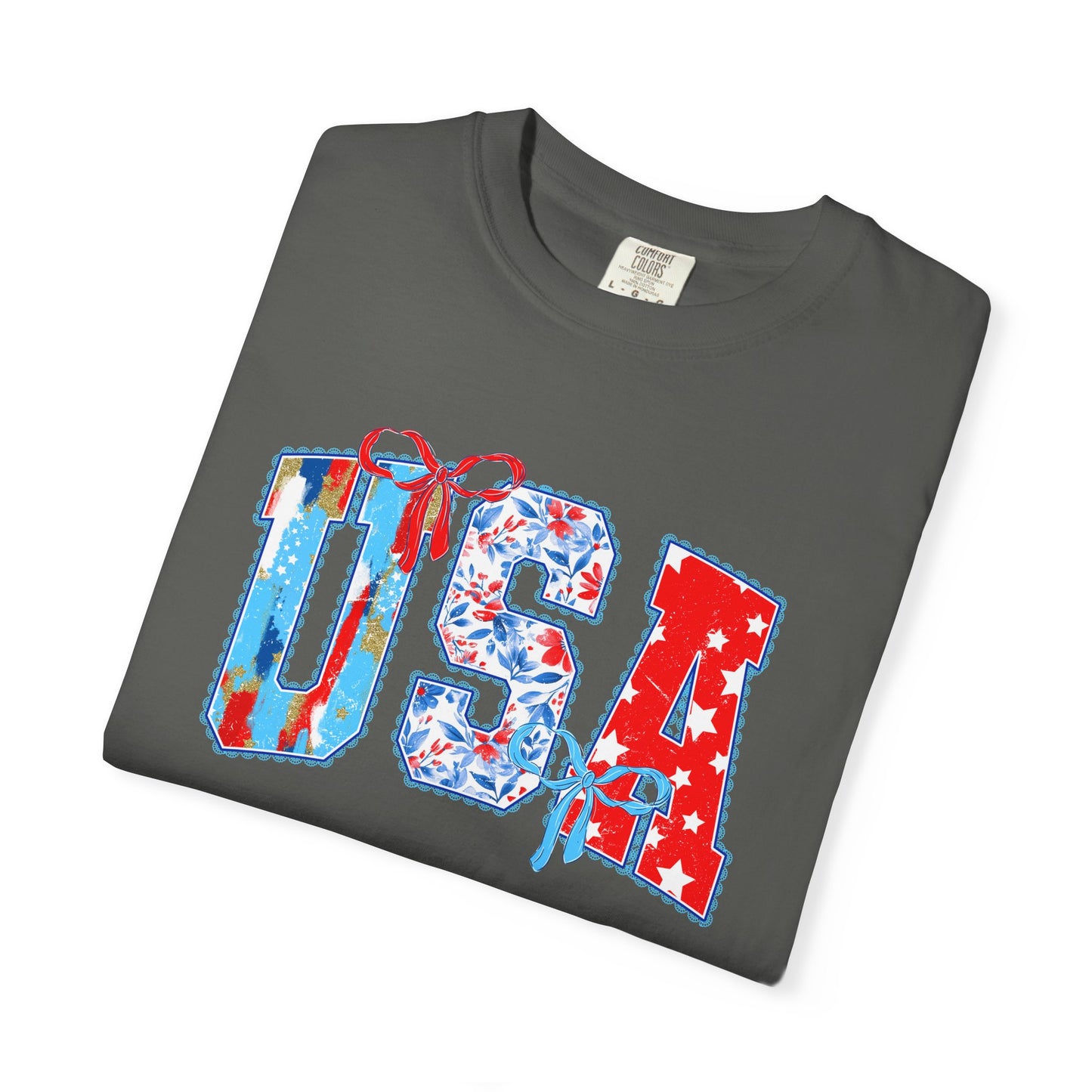 USA Flag Patchwork T-Shirt — Patriotic 4th of July Tee - Comfort Colors