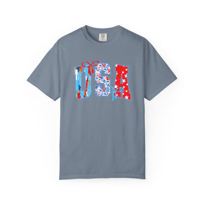 USA Flag Patchwork T-Shirt — Patriotic 4th of July Tee - Comfort Colors