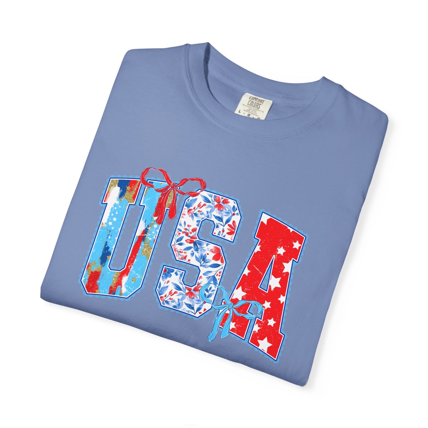 USA Flag Patchwork T-Shirt — Patriotic 4th of July Tee - Comfort Colors