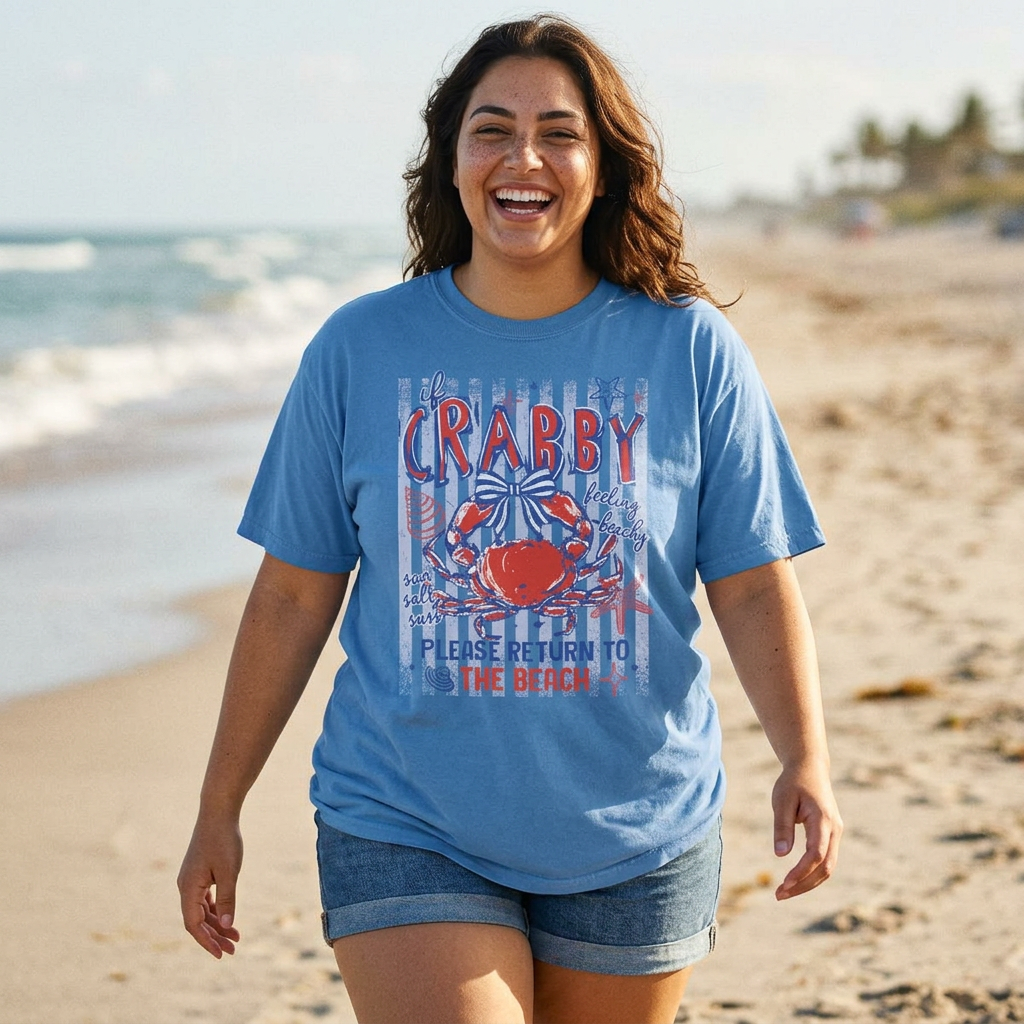 Crabby Beach T-Shirt — "Please Return to the Beach" Coastal Graphic Tee - Comfort Colors