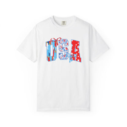 USA Flag Patchwork T-Shirt — Patriotic 4th of July Tee - Comfort Colors