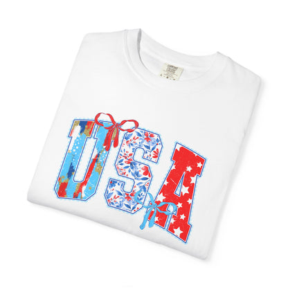 USA Flag Patchwork T-Shirt — Patriotic 4th of July Tee - Comfort Colors
