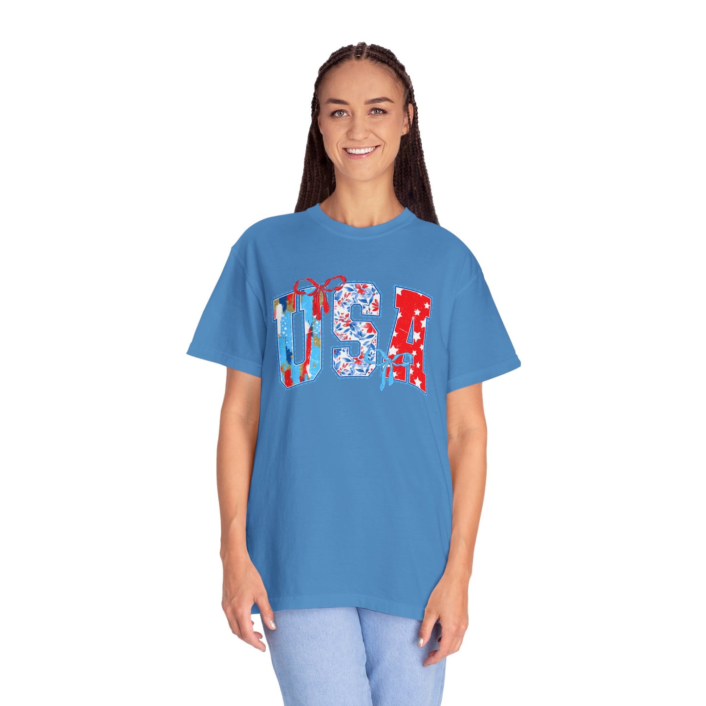 USA Flag Patchwork T-Shirt — Patriotic 4th of July Tee - Comfort Colors