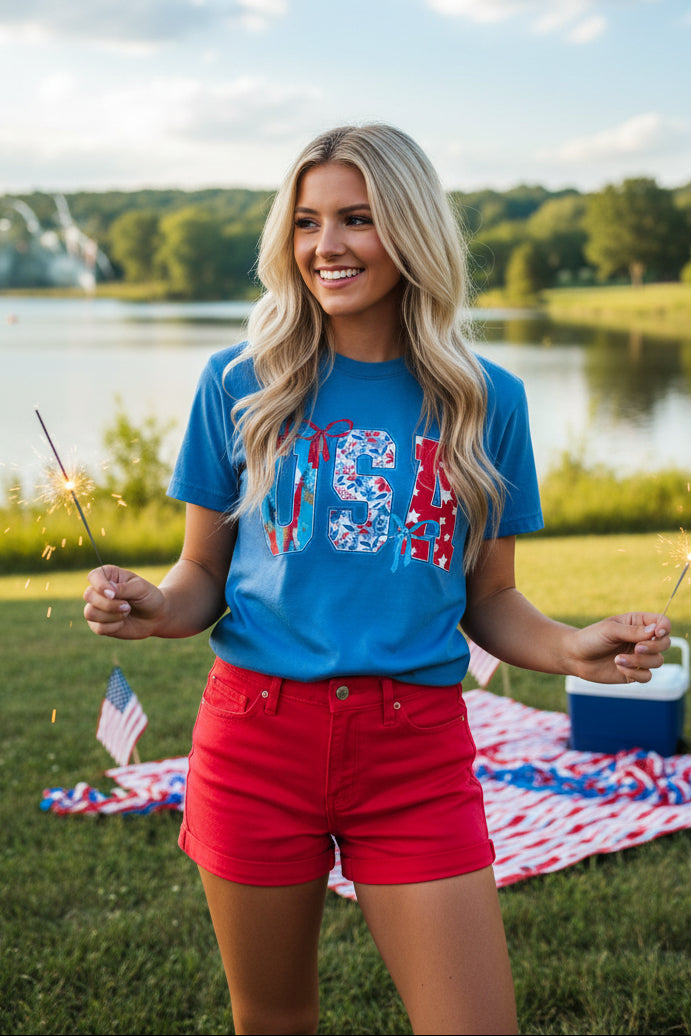 USA Flag Patchwork T-Shirt — Patriotic 4th of July Tee - Comfort Colors