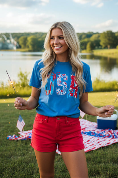 USA Flag Patchwork T-Shirt — Patriotic 4th of July Tee - Comfort Colors