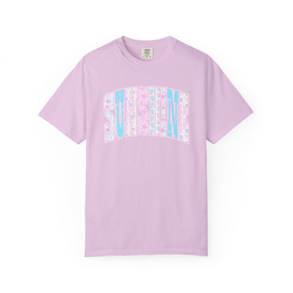 Sunshine Retro Logo T‑Shirt — Pastel Floral Surf Vibes
