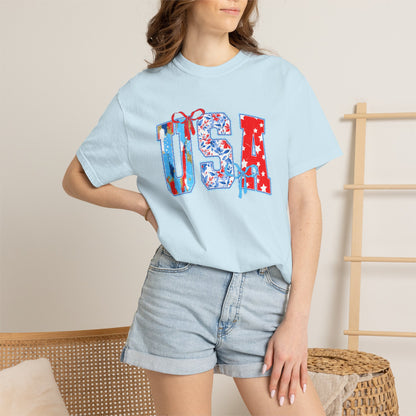 USA Flag Patchwork T-Shirt — Patriotic 4th of July Tee - Comfort Colors