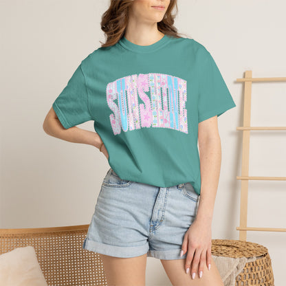 Sunshine Retro Logo T‑Shirt — Pastel Floral Surf Vibes