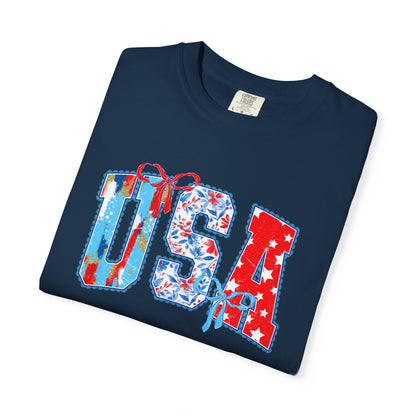 USA Flag Patchwork T-Shirt — Patriotic 4th of July Tee - Comfort Colors