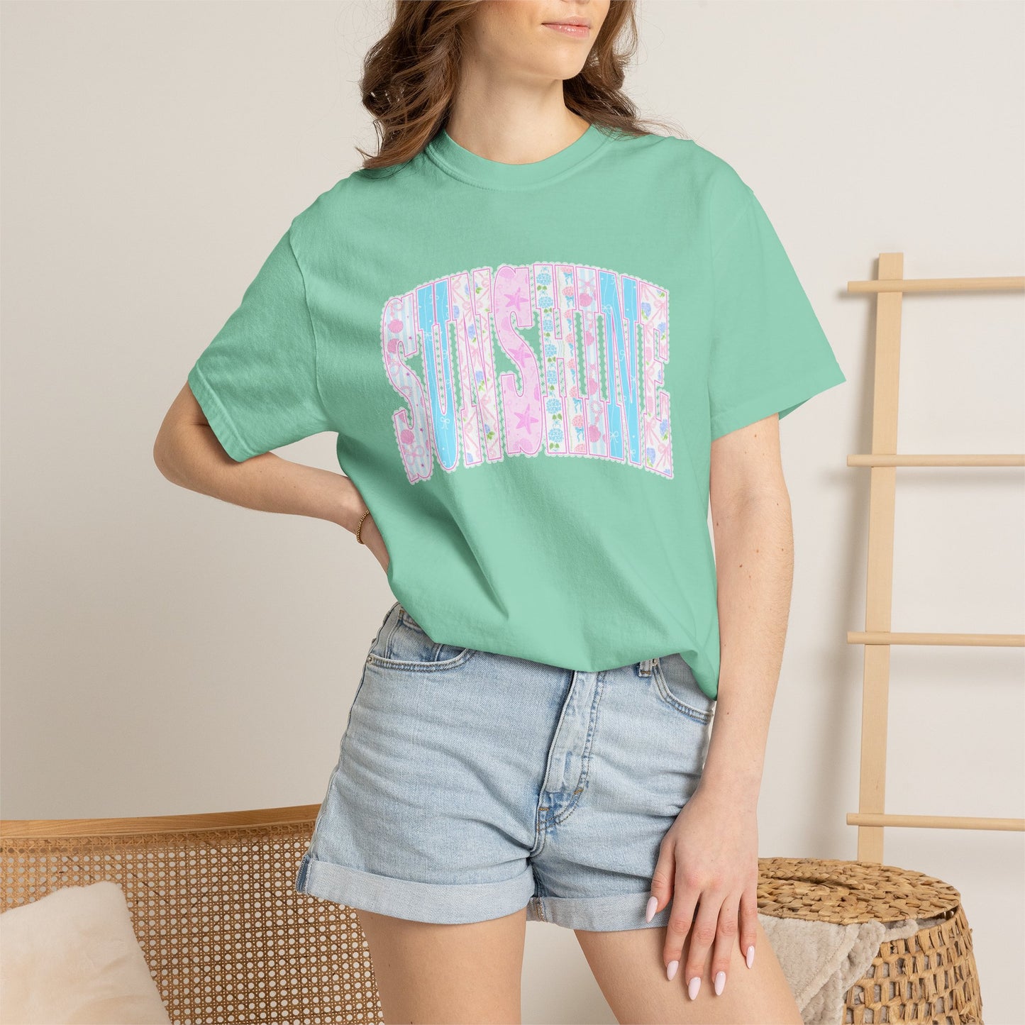 Sunshine Retro Logo T‑Shirt — Pastel Floral Surf Vibes