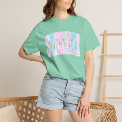 Sunshine Retro Logo T‑Shirt — Pastel Floral Surf Vibes