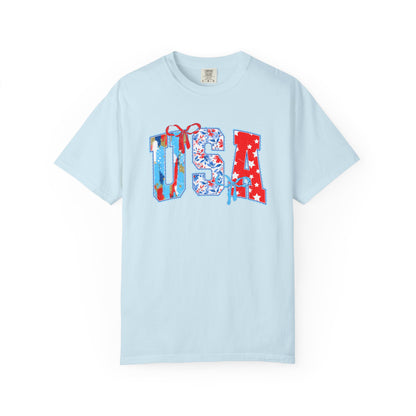 USA Flag Patchwork T-Shirt — Patriotic 4th of July Tee - Comfort Colors